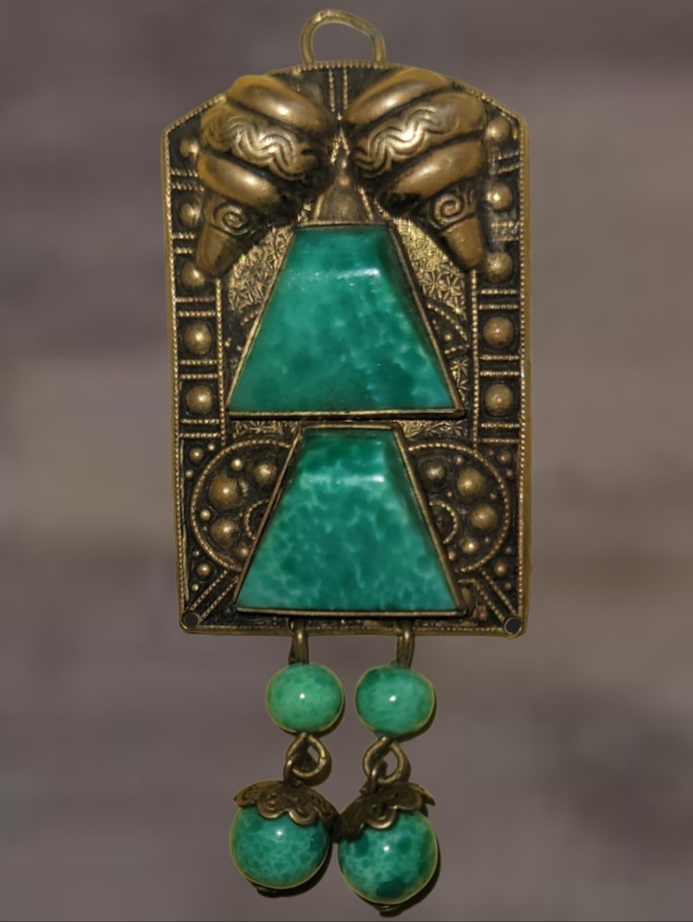 VINTAGE ART DECO EGYPTIAN REVIVAL PENDANT W/GREEN PEKING GLASS NEIGER BROS 1920